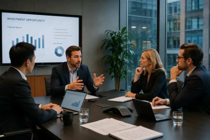 Investors discussing an investment opportunities in a conference room