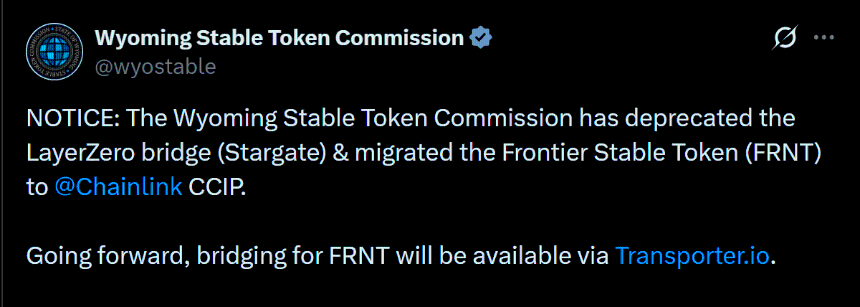 Wyoming FRNT Chainlink CCIP announcement