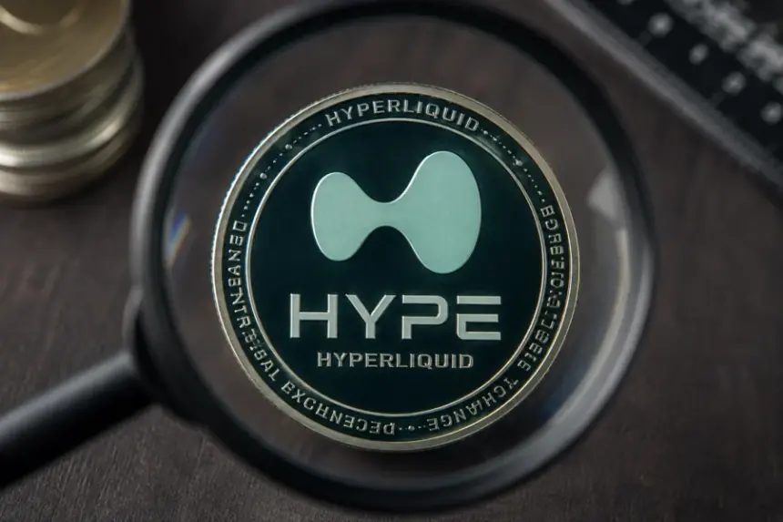 Hyperliquid HYPE token displayed beneath a magnifying glass.