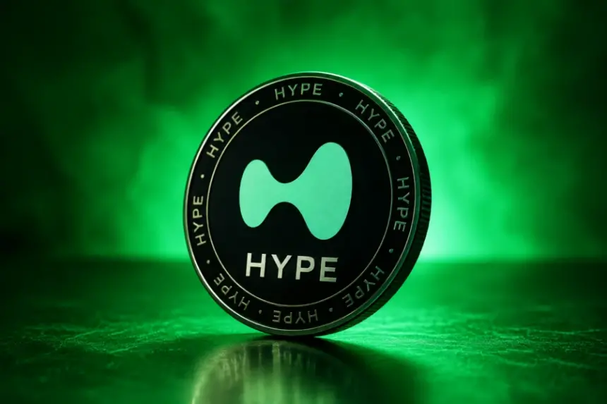 Hyperliquid HYPE token standing against a glowing green background