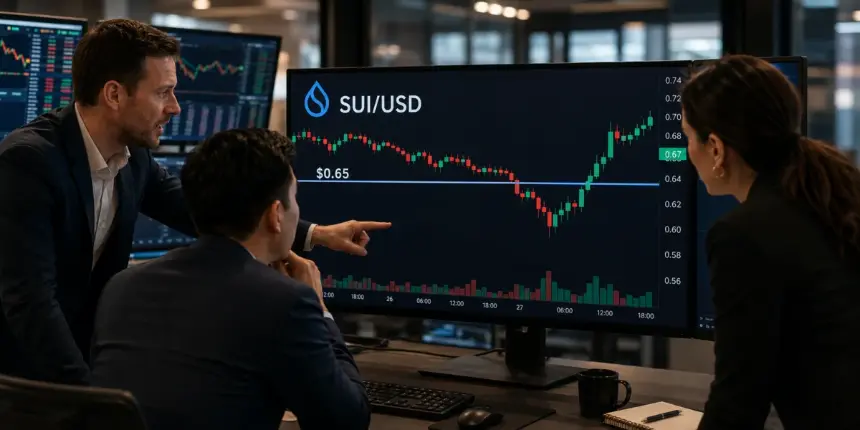 Traders analyse a COINBASE:SUIUSD price chart near the $0.65 level