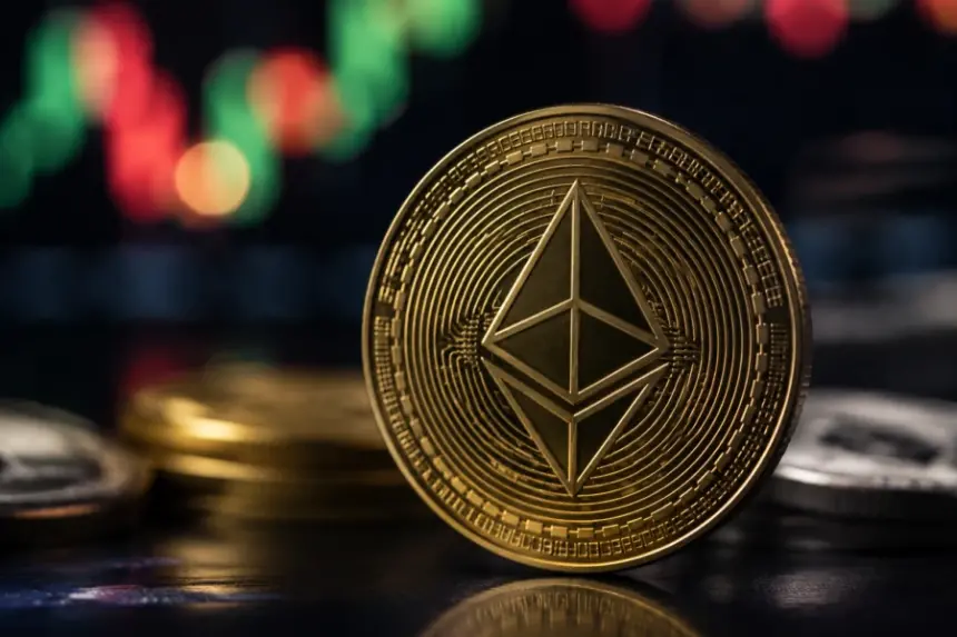 一枚金色以太坊代币竖立在模糊的红绿加密货币市场图表前