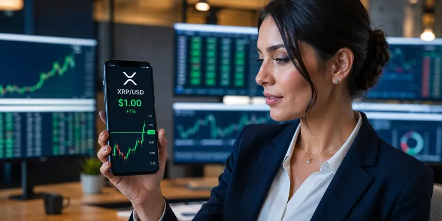 交易员在行情图表旁展示XRP价格为1美元