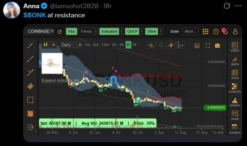 Coinbase Daily Chart Puts BONK at Resistance Level