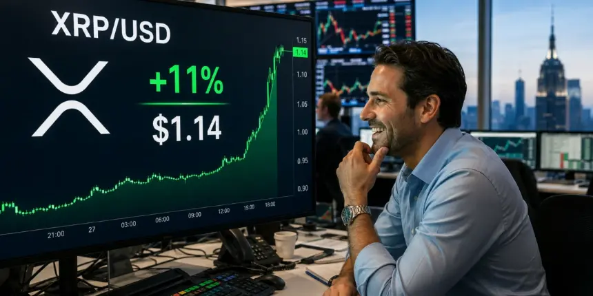 Trader watches XRP surge 11% to $1.14 on a market screen