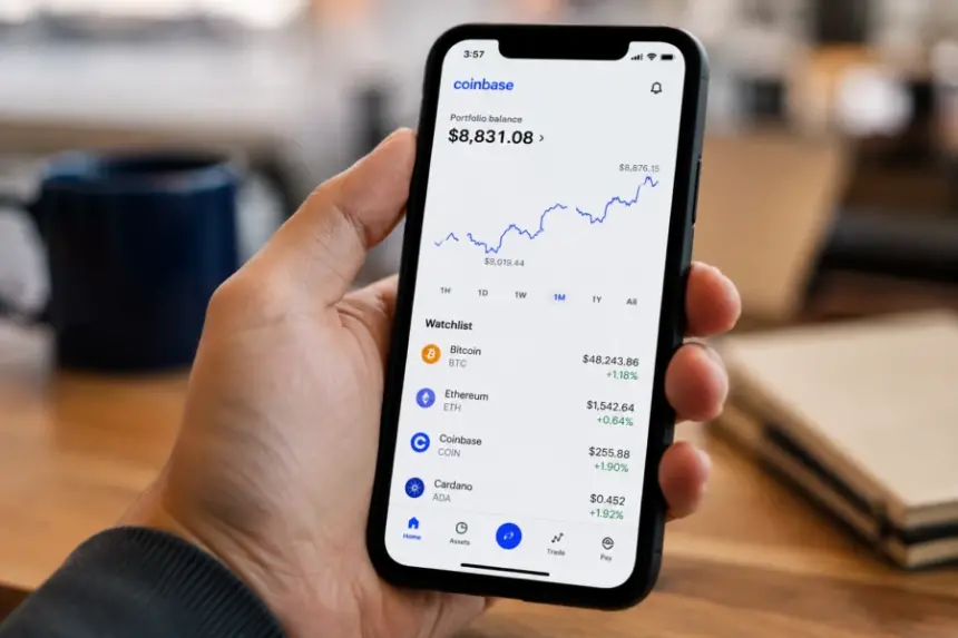 Coinbase crypto app showing Bitcoin and Ethereum prices on a smartphone