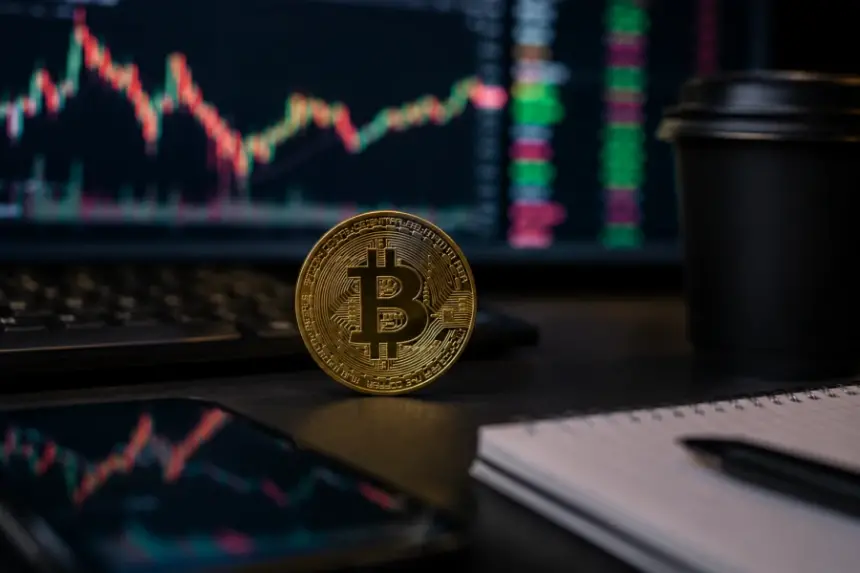 Bitcoin coin on a trading desk with crypto market charts in the background