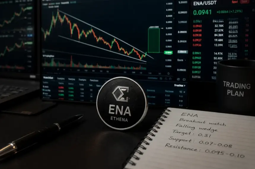 Ethena ENA代币与显示潜在突破的加密货币交易图表