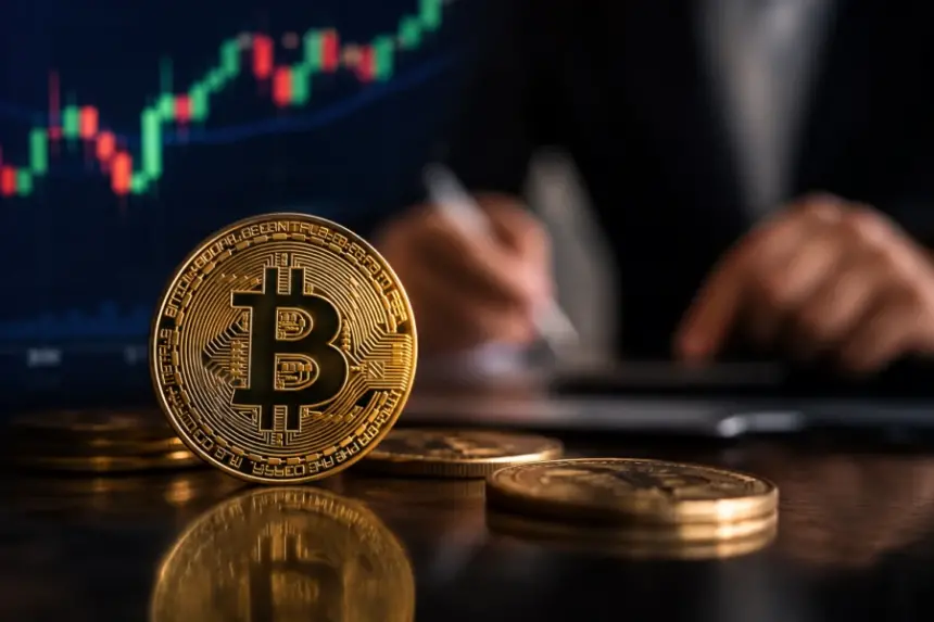 Bitcoin coin in front of a rising cryptocurrency candlestick chart.