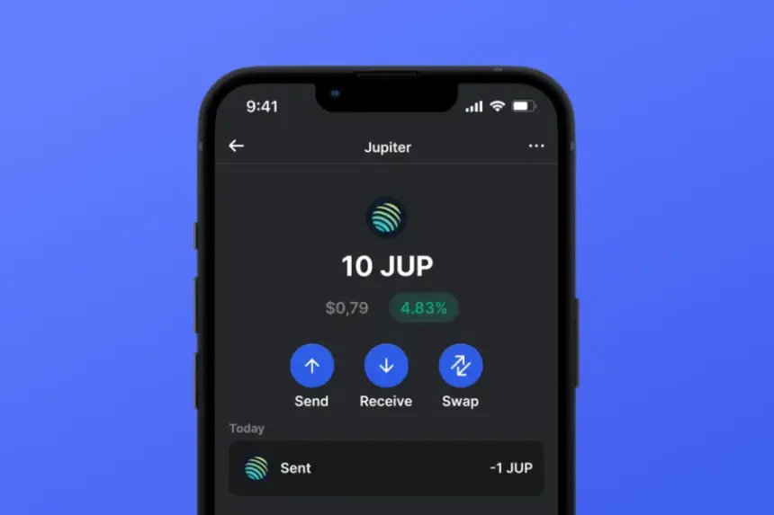 Smartphone displaying the Jupiter crypto exchange interface showing a balance of 10 JUP tokens