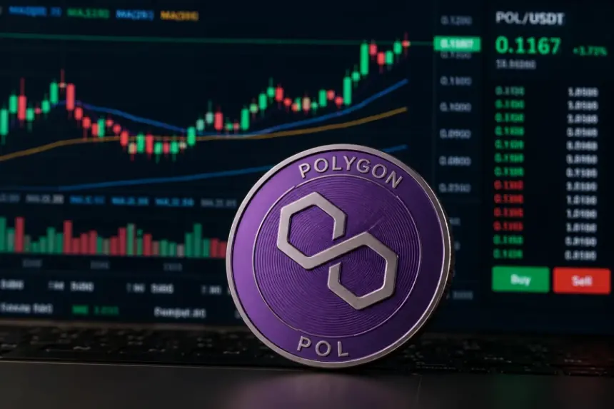 Polygon POL代币展示在上涨的加密货币图表前