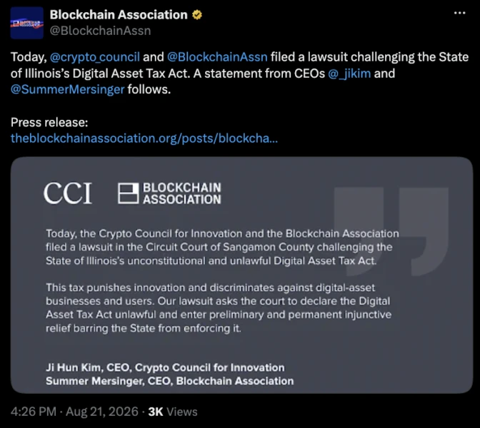 Crypto Advocacy Groups Sue Illinois Over Digital Asset Tax, Citing Constitutional Violations