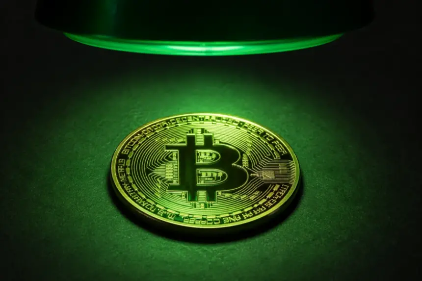Bitcoin coin illuminated by green light against a dark background