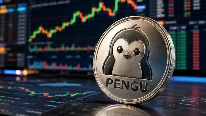 PENGU crypto token displayed in front of a rising market chart