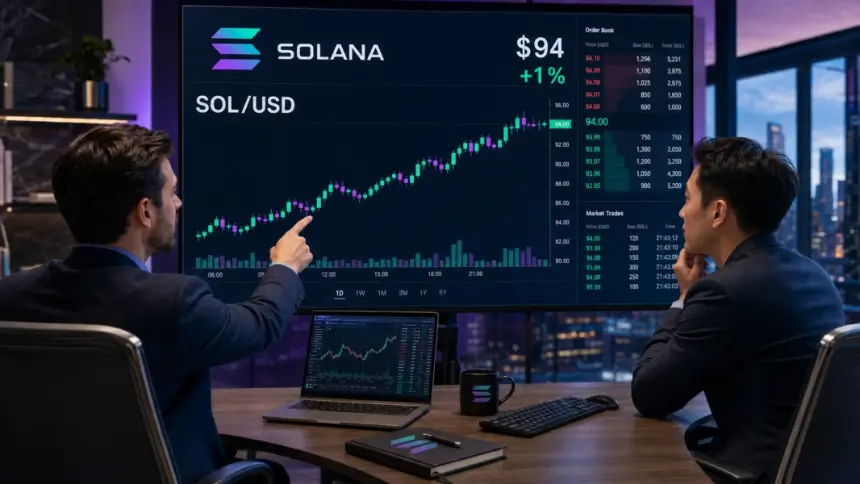 Traders monitor Solana at $94 as FX:SOLUSD rises 1% on a market screen.