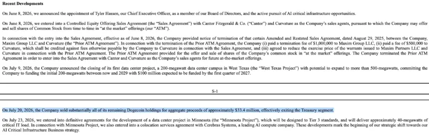 CleanCore SEC filing details on Dogecoin liquidation and AI infrastructure shift