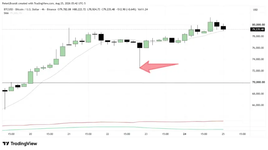 Bitcoin price anomaly wick on Binance 4-hour chart. Source: Peter Brandt / TradingView