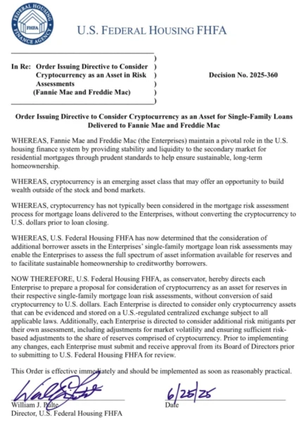FHFA directive ordering Fannie Mae and Freddie Mac to consider cryptocurrency in mortgage risk assessments