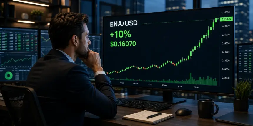 Trader watches Ethena ENA rise 10% to $0.16070 on a market screen