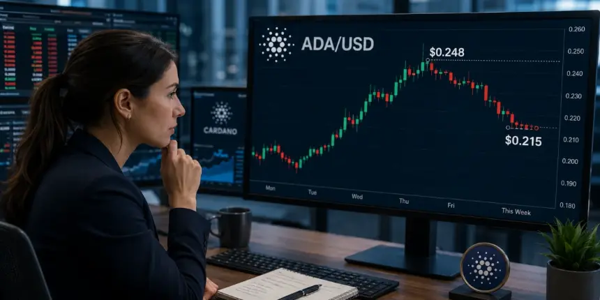 Trader watches Cardano ADA fall from $0.248 to $0.215 on a market screen