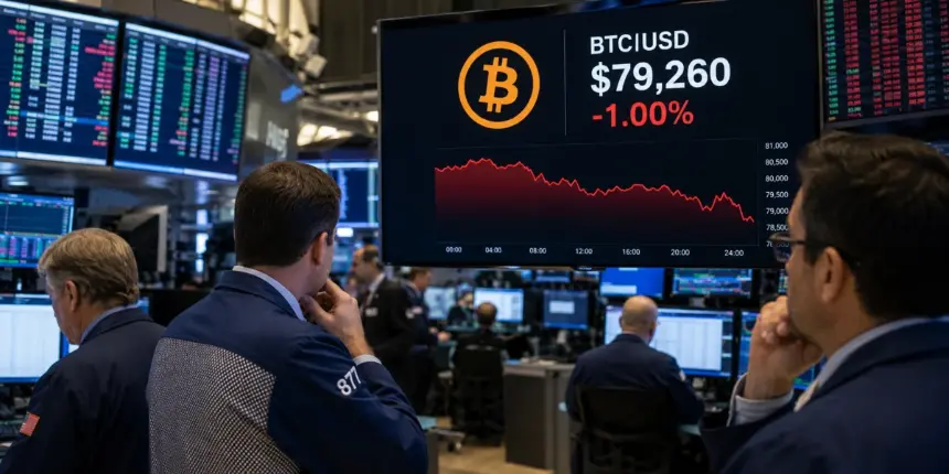 交易员观看比特币下跌1%至79260美元的BITSTAMP:BTCUSD行情屏幕