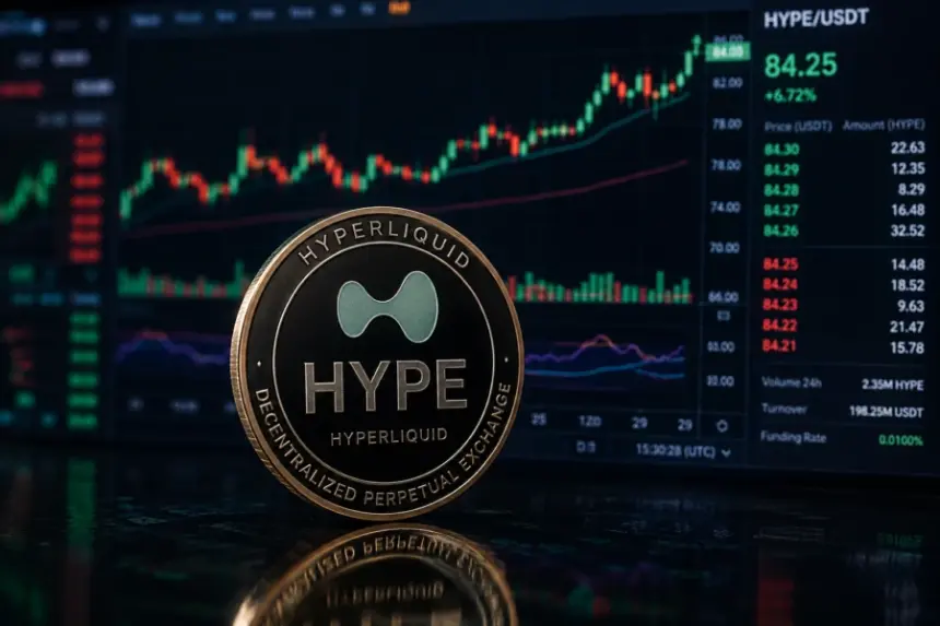 Hyperliquid HYPE token displayed in front of a rising OKX:HYPEUSDT trading chart
