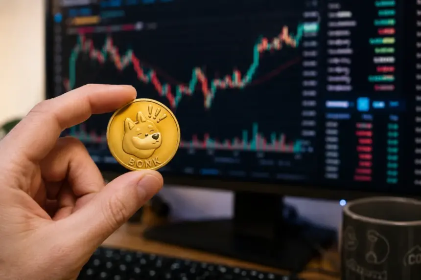 A person holding a Bonk token infront of a trading setup