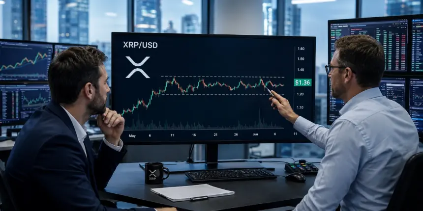 Analysts monitor XRP at $1.36 on a large FX:XRPUSD trading chart