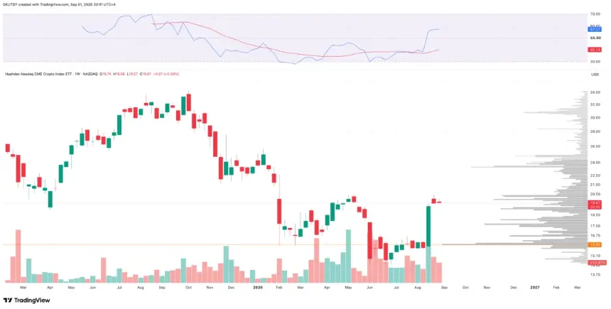NCIQ ETF周K线图显示近期价格回升至19.67美元附近，附带RSI指标。
