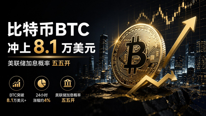 比特币BTC冲上8.1万美元，美联储加息概率五五开，8万美元还能守住吗？