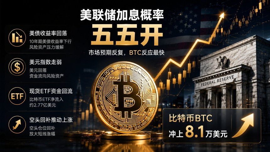 比特币BTC冲上8.1万美元，美联储加息概率五五开，8万美元还能守住吗？