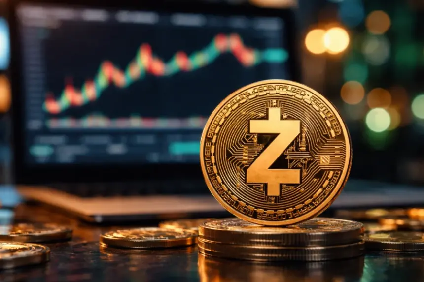 Gold Zcash coin in front of a cryptocurrency price chart showing recent ZEC market volatility