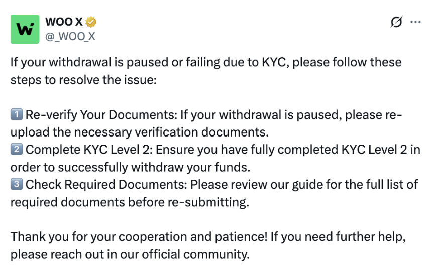 WOO X 针对 KYC 提现问题的解决方案