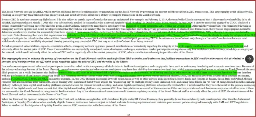 Grayscale SEC filing on ZEC risks