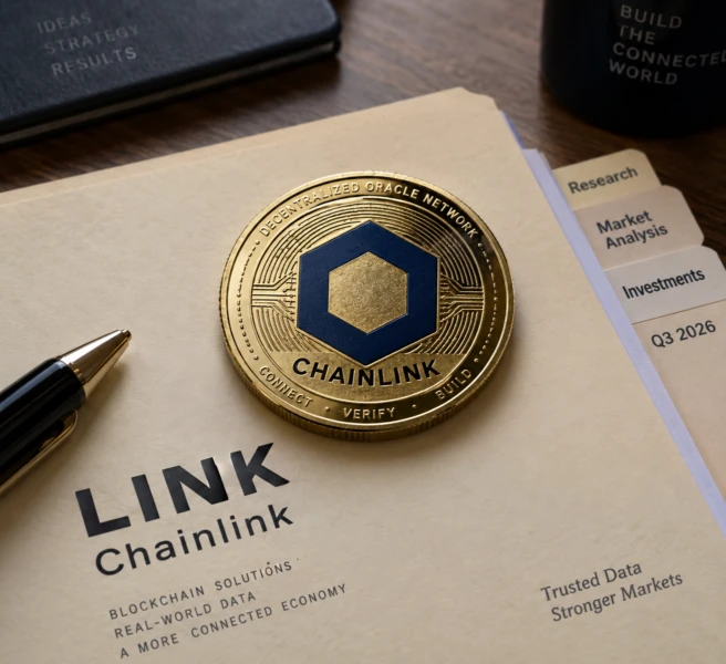 Chainlink LINK token displayed on a market research report highlighting blockchain data and investment analysis.