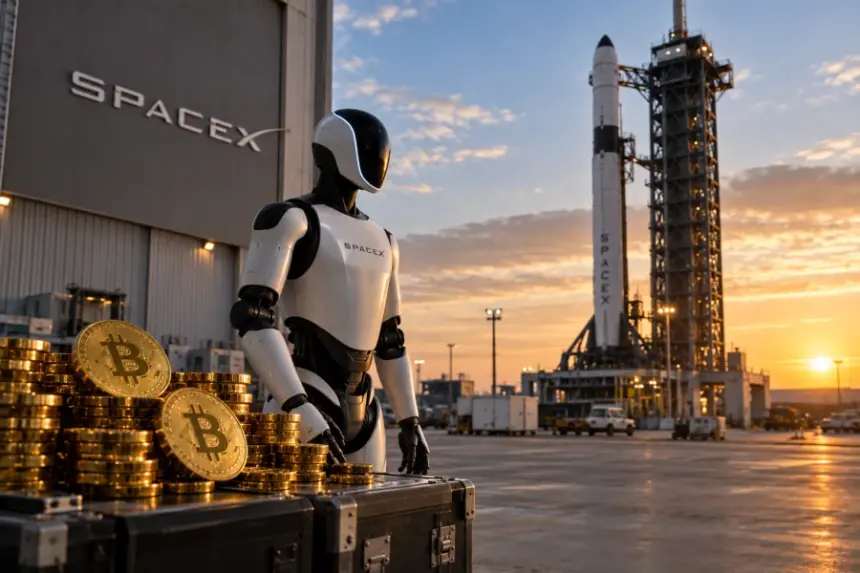 SpaceX robot standing near a bitcoin pile. SpaceX rocket in the background