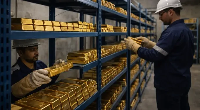 Workers inspect gold bars inside a vault