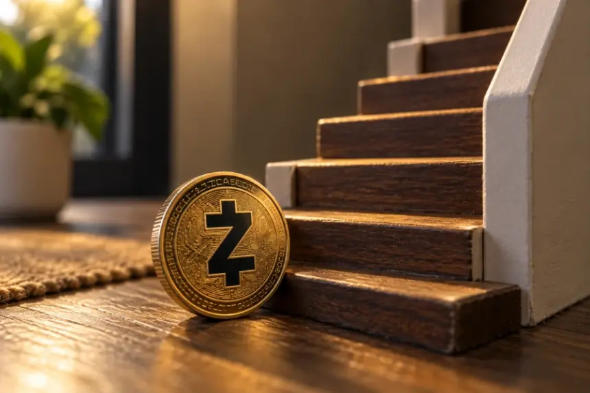 金色 Zcash 硬币放在微型木制楼梯旁，象征 ZEC 在加密货币市场中的急剧攀升。