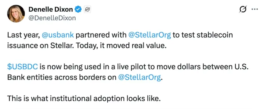 Denelle Dixon关于美国银行在Stellar网络上使用USBDC进行跨境交易的X帖子截图