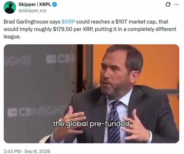 布拉德·加林豪斯称10万亿美元市值意味着每枚XRP约179.50美元的新闻报告
