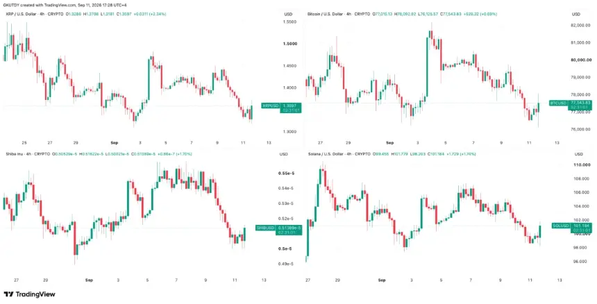 TradingView charts showing 4-hour candlesticks for XRP at $1.3576, BTC at $77,490.31, SHIB at $0.0000051389, and SOL at $101.110.