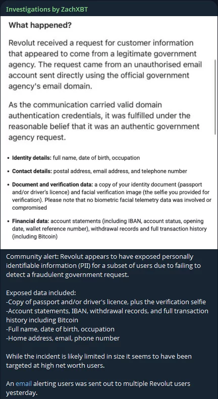 ZachXBT Telegram 帖子截图,显示 Revolut 通知客户数据在伪造政府请求后被披露