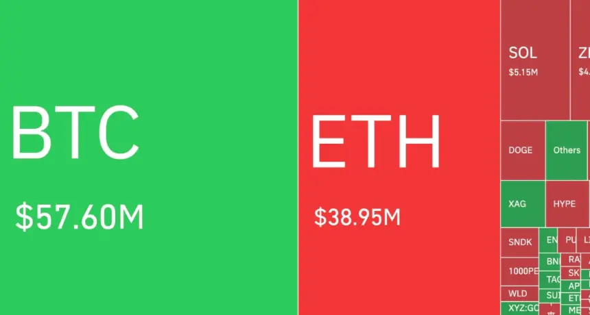 CoinGlass crypto liquidation heatmap showing $57.60 million for BTC, $38.95 million for ETH, and $5.15 million for SOL.