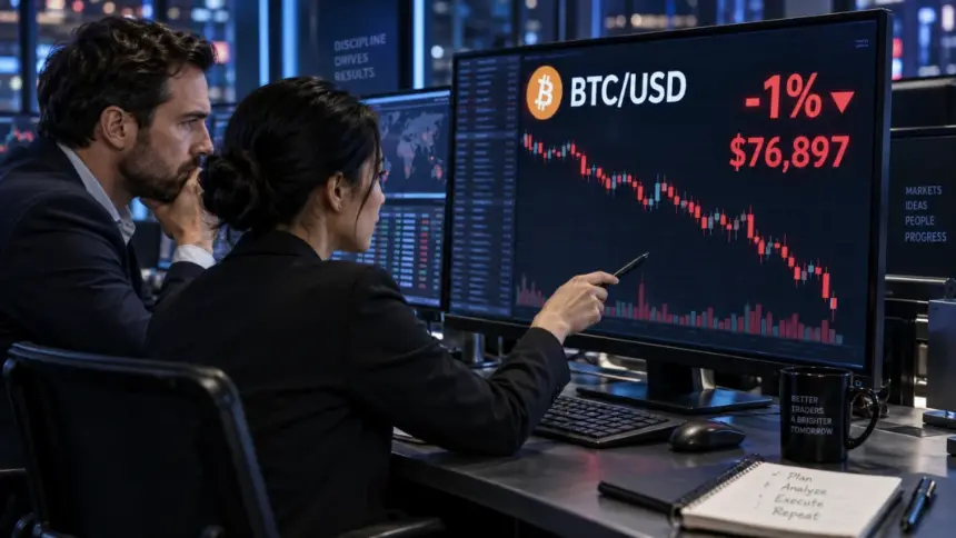 比特币价格图显示BTCUSD报76,897美元，跌1%