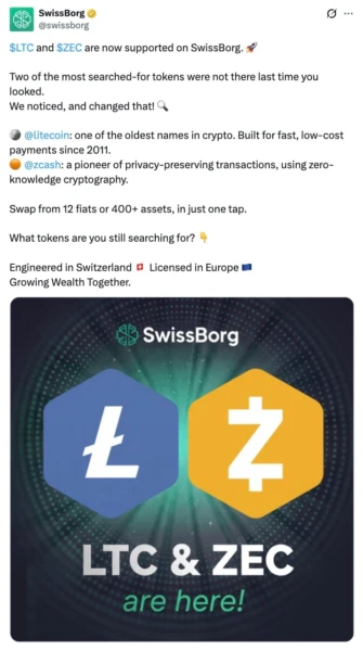 SwissBorg 官方 X 帖子截图，宣布集成 Litecoin 与 Zcash 代币，宣传图显示 LTC 与 ZEC 标志。