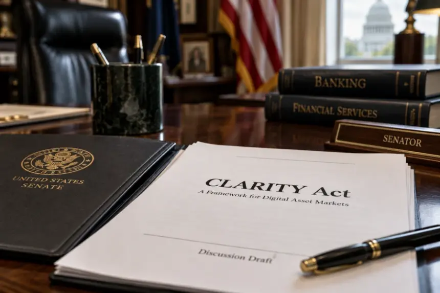 草拟的CLARITY Act文件放在木桌上，旁边有美国参议院文件夹、银行书籍、一支笔和美国国旗。