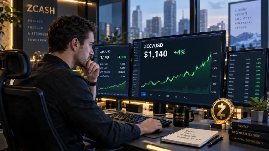 交易员监控 COINBASE:ZECUSD 图表，Zcash 报 1,140 美元、上涨 4%，屏幕旁展示金色 Zcash 硬币