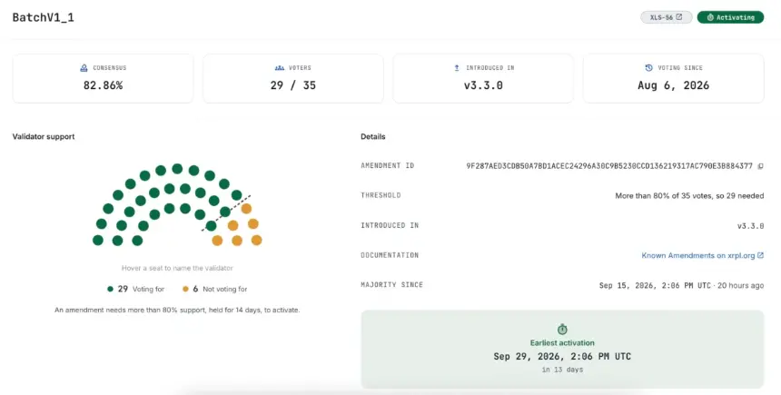 XRP Ledger Batch update dashboard showing validator consensus.