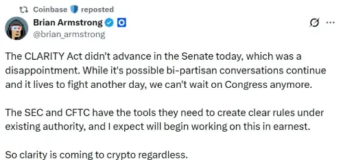 CLARITY法案参议院闯关失败 加密行业转向SEC与CFTC寻求监管明确