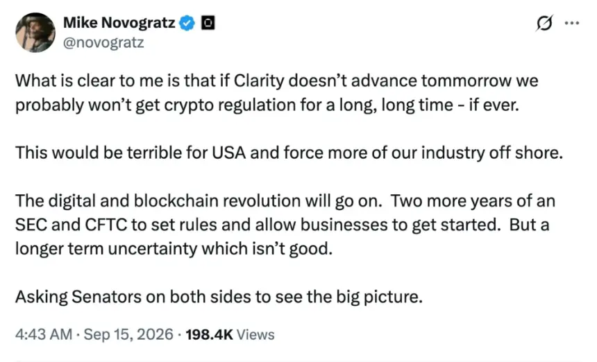 Mike Novogratz 讨论美国加密监管与 CLARITY 法案结果的社交媒体截图